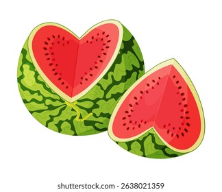 Watermelon cut into heart shape and watermelon slice. Botanical fruit berry composition. Hand drawn trendy flat style isolated on transparent background for card design, print, banner, packaging label