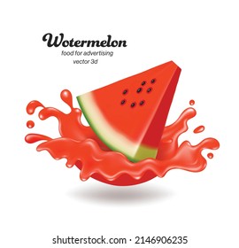 Watermelon cut into triangular pieces. fall into impact with watermelon juice causing a wide splash of water,vector 3d isolated on white background for make fruit juice advertisements concept