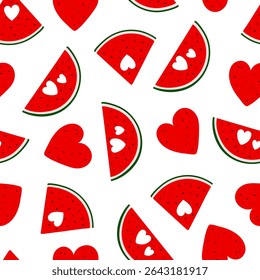 Watermelon cut in slices, sweet ripe delicious fruit, red flesh with seeds, organic diet dessert ingredient, healthy vegan food image for summer design, projects, textile, gift paper, package decor