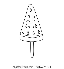 Watermelon cute cartoon character ice cream with face, doodle style vector outline for coloring book