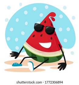 Watermelon cute character, wearing sunglasses. Vector illustration  
 isolated on white background