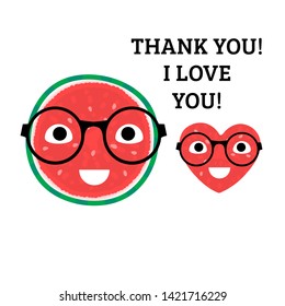 Watermelon cute characters big and heart with glasses. Thank you. I love you. Vector isolated on white background.
