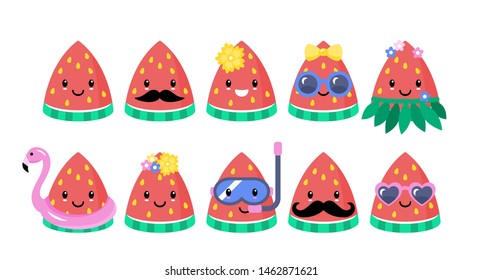 Watermelon cute characters set for summer tropical stickers; patches and pins design. Vector illustration