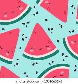 Watermelon Cute Face Seamless Pattern Background, Vector illustration