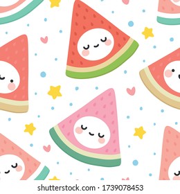 Watermelon Cute Face Seamless Pattern Background, Vector illustration