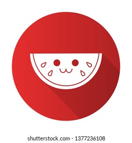 Watermelon cute kawaii flat design long shadow glyph character. Happy vegetable with smiling face. Funny emoji, emoticon. Vector isolated silhouette illustration