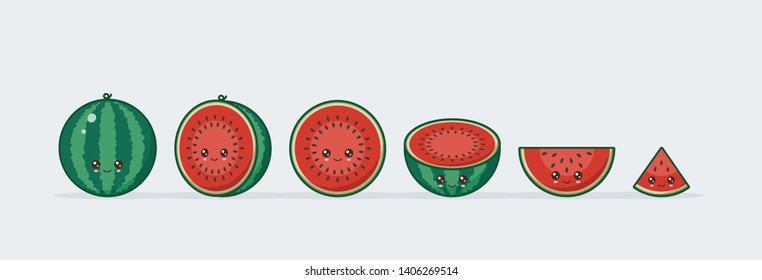 Watermelon cute kawaii mascot. Set of funny kawaii drawn fruit in the cut