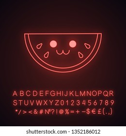 Watermelon cute kawaii neon light character. Berry with smiling face. Happy food. Funny emoji, emoticon, smile. Glowing icon with alphabet, numbers, symbols. Vector isolated illustration