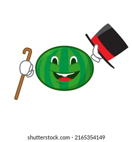 watermelon cute smile holding a hat and a cane vector ,illustration mascot character design
