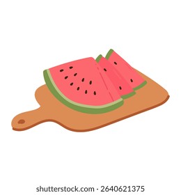 Watermelon cuts on wooden plate in flat cartoon design. Fresh juicy summer fruit for picnic. Triangle pieces and slices of sweet red tasty vegetarian dessert berry. Vector illustration isolated.