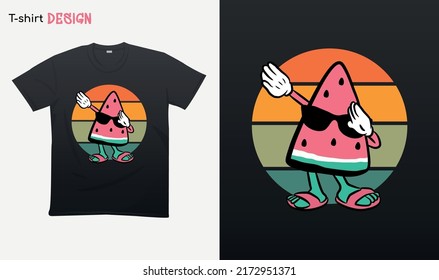 "Watermelon dab retro sunset". Funny summer vibes illustration . Retro style . watermelon dabbing Illustration. T-shirt mock up vector. Eps 10 vector