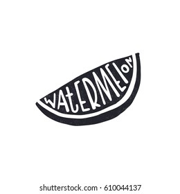 Watermelon. Dark blue, white lettering with vegetables silhouette. Decorative letter. Hand drawn lettering. Quote. Vector hand-painted illustration, inscription. Font poster. Handwritten illustration.