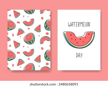 Fondo de día de sandía. Cute verano garabato dibujado a mano de la fruta rebanada patrón de fondo. Póster de Festiva, Plantilla de diseño de Anuncio de volante