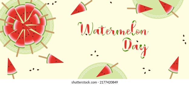 Watermelon day banner and watermelon colored letters, piece of watermelon on stick.