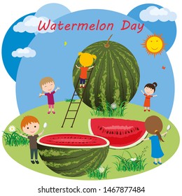 Watermelon Day. Children near large watermelons. Whole watermelon and slices.