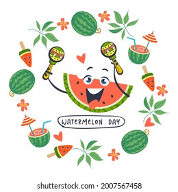 Wassermelontag. Fest lustige Vektorklammer-Kunst. Vorlage für eine Postkarte, Poster, Einladung.