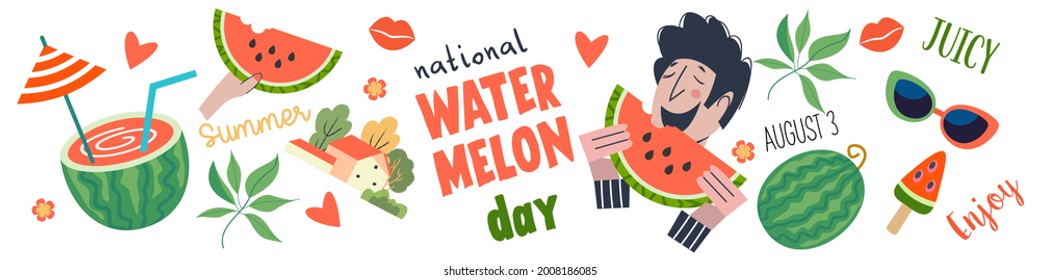 Watermelon Day. Festive fun vector banner. A set of cliparts on a white background.