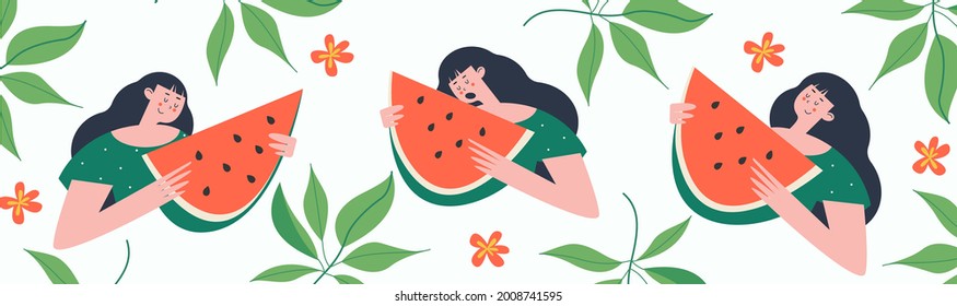 Watermelon Day. Festive fun vector banner. A set of cliparts on a white background.