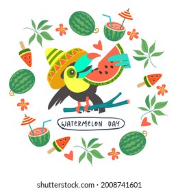 Watermelon Day. Festive fun vector clipart. Template for a postcard, poster, invitation.