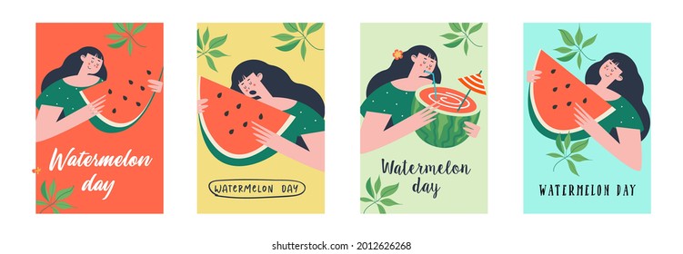 Watermelon Day. Festive fun vector banner. A set of bright colorful posters with watermelons.