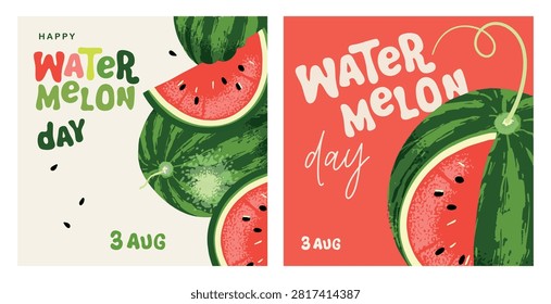 watermelon day set of square posters, banners, greeting cards, hand drawn, doodle, creative vector illustration