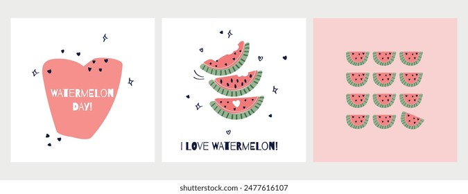 Watermelon day. Summer hand drawn card set. Summer posters with cute funny watermelons slice.