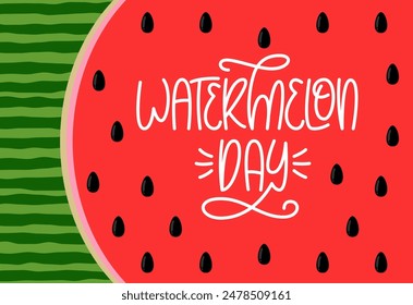 Plantilla del Día de la Sandía. Ilustración vectorial de la tarjeta de felicitación. Fondo de pulpa y cáscara de melón de agua.