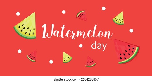 Watermelon Day. the third of August. Leaflet, poster, banner, postcard, brochure design template. Slices of watermelon. The texture of a watermelon with bones. The name of the event. Vector 