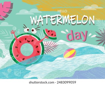 Watermelon Day Vector Clipart. Watermelon slices, holiday flags, watermelon ice cream, juice, sea poster