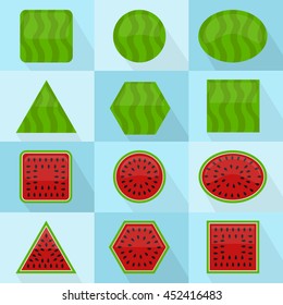 Watermelon in different geometric shapes. It can be used as icons. Interior and exterior of the fruit. With long shadows.