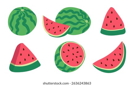 Watermelon Doodle Hand Drawn Icon Vector Set isolated on white Background. Collection Ripe Fruit Piece, Halved and Triangular Slices, Whole Watermelon. Simple Retro Fruit or Berry Element Card, Banner