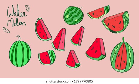 Watermelon Doodle Hand Drawn Set In Bright Cartoon Style