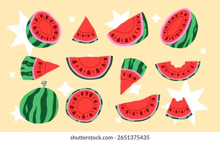 Um rabiscar de melancia. Desenho de frutas de verão, melão inteiro, metade cortada, deliciosos pedaços. Fatia tropical fresca com sementes. Suculento, vermelho-vitamina, design verde. Comida saudável doce de sobremesa. Conjunto isolado do vetor