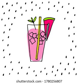 Watermelon drink card. Melon juice, mint and ice cocktail in high glass with straw. Cold summer lemonade clipart. Hand drawn fruit smoothie for menu.