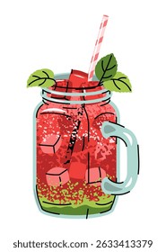 Watermelon drink in mason jar with ice, mint leaves and straw, flat design vector illustration on white. Refreshing summer beverage, healthy fruit infused water. Perfect for cafe menus, juice bar