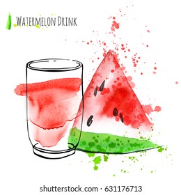 Watermelon drink with slice of watermelon. Fresh juice in glass with watermelon peace. Watercolor hand draw art work.
