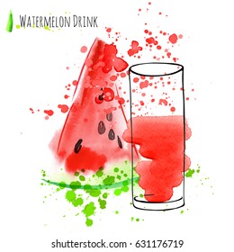 Watermelon drink with slice of watermelon. Fresh juice in glass with watermelon peace. Watercolor hand draw art work.