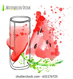 Watermelon drink with slice of watermelon. Fresh juice in glass with watermelon peace. Watercolor hand draw art work.