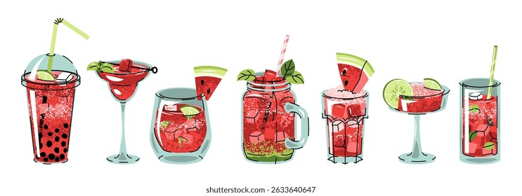 Icono de bebidas de sandía en varios vasos con hielo, hojas de menta, piezas de frutas y pajitas sobre fondo blanco. Colección de diseño plano para gráficos de verano, marca de bebidas y proyectos de alimentos
