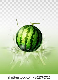 Watermelon drop on juice splash and ripple, Realistic Fruit and yogurt, transparent, vector illustration