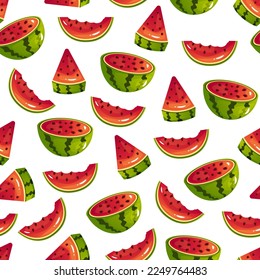 Watermelon trozo de fruta exótica estilo tropical de verano sin costuras concepto de fondo de pared de cubierta de patrón sin soldadura. Ilustración de elementos de diseño gráfico de dibujos animados