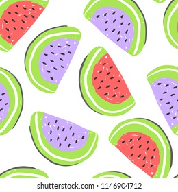 Watermelon and exotic fruits seamless pattern. Fresh rd and purple watermelons, tropical fruits summer detox