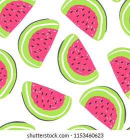 Watermelon and exotic fruits seamless pattern. Fresh magenta watermelons, tropical fruits summer detox