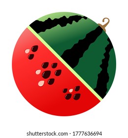 Watermelon fantasy, half in a green crust, the other half scarlet with seeds. Vector illustration isolated on a white background.