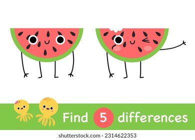 Watermelon find differences cute slices sweet juicy characters puzzle maze game activity worksheet page book cartoon vector art. 