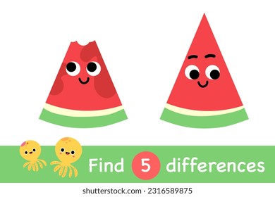 Watermelon finden Unterschiede süße süße süße Schriftzeichen Puzzle Spiel Aktivität Arbeitsblatt Seite Buch Cartoon Vektorkunst.