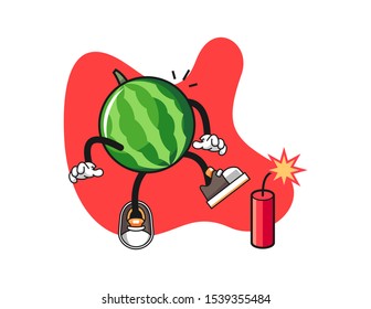 Watermelon with firecrackers cartoon. Mascot Character vector.
