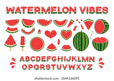 Coleção Watermelon Flat. Frutas de Verão Inteiras e Metades, Fatias. Cubos De Melancia Cortada, Bolas, Peças Mordidas, Sorvete, Coração. 