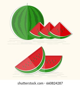 Watermelon in flat design. Whole and sliced with seeds.  