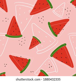 Watermelon flat hand drawn  seamless pattern on pink background for typography, textiles or packaging design. 